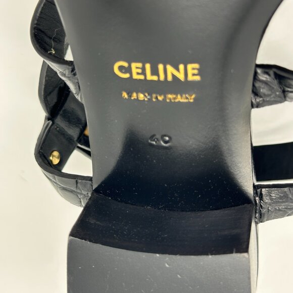 CELINE Triomphe Logo Crocodile Embossed Leather Strappy Block Heel Sandals - Picture 14 of 15